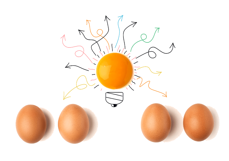 An egg yolk on a whiteboard with a drawing around it that makes it look like a lightbulb and 4 brown eggs lined up below it.