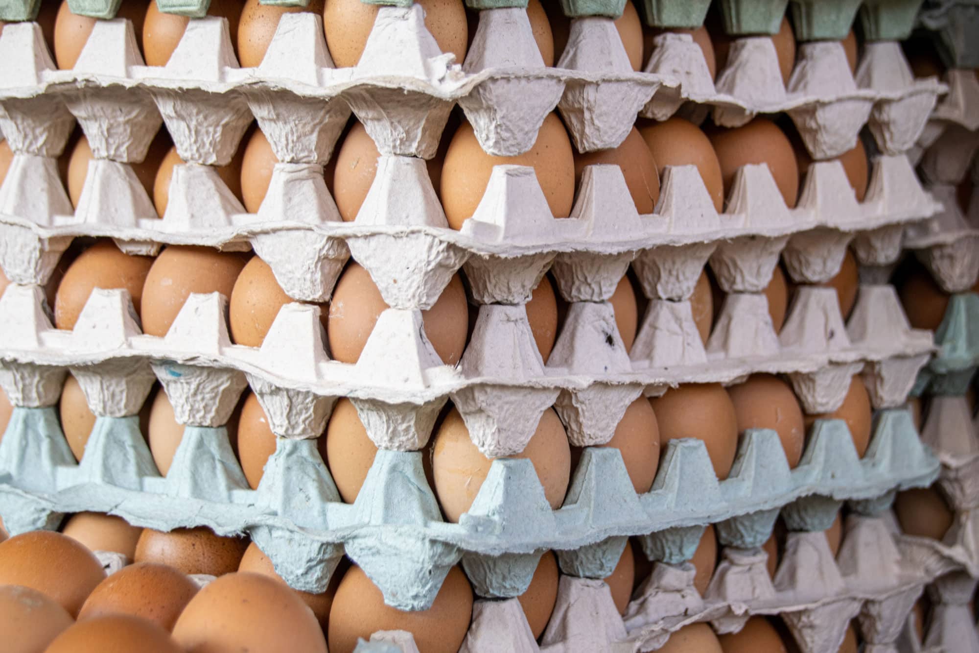Brown eggs stacked in flat cartons