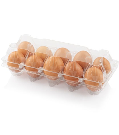 brown eggs in clear plastic container